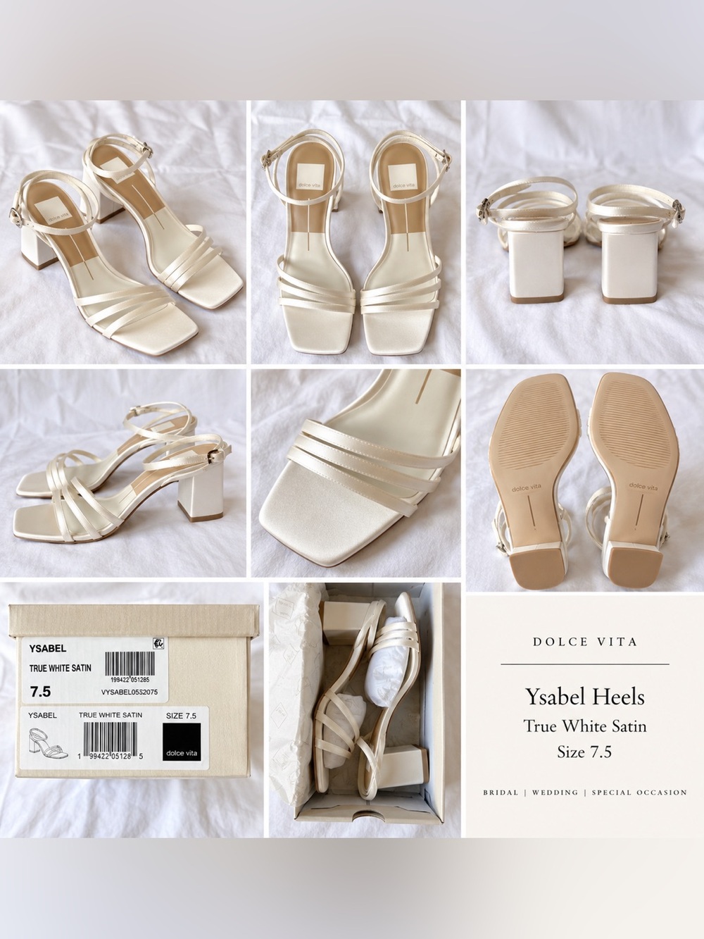 Dolce Vita Ysabel White Satin Block Heel Sandals Bridal Wedding Size 7.5